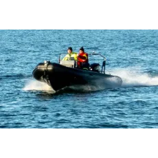 Ribbåt med aluminiumskrov. 5.1m lång soffa, rattkonsol och targabåge. Toppfart runt 33 knop. 2