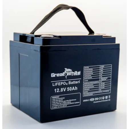 Greatwhite LiFePO4 50Ah 12.8V litiumbatteri framifrån för båt, husbil och elmotor.