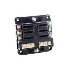 Säkringsbox för 6st bladsäkringar, LED-varningslampor, separat minusskena 2